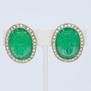 Vintage KJL Egyptian Revival Green Glass Scarab Rhinestone Clip On Earrings 1980